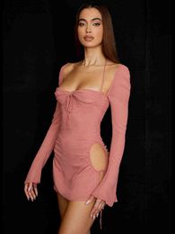 Sexy Cut Out Party Dresses Women Square Neck Mesh Long Sleeve Summer Dress Bodycon Bandage Drawstring Ruched Mini Dress Autumn T220804