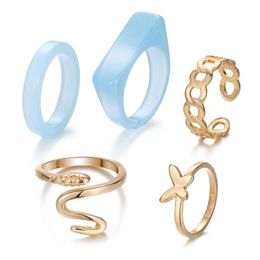 Trendy Golden Metal Resin Women's Ring Set Butterfly Snake Chain Finger Ring Fashion Jewelry Gifts