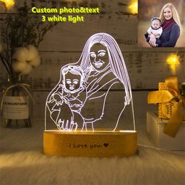 Customised Text Po 3D Print Night Desk Lamp Wooden Base Christmas Valentines Day Gift USB Power Three White Light 220623