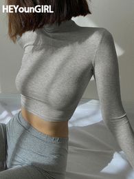 HEYounGIRL Solid Nude Turtleneck Cropped T Shirt Women Autumn Casual Long Sleeve T shirt Ladies Skinny Basic Tee Femme 220714