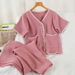 Women's Two Piece Pants Summer Sweet Pink 2 Sets Vintage Short Sleeve V-Neck Knit Cardigan Outfits Korean Loose Wide Leg Capris Suits