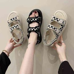 summer sandals women's 2022 new style small fragrance black and white lattice thick bottom muffin open toe beach sandals
