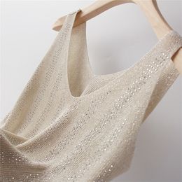 korean Bling Lurex diamond Summer knit Tank Top for Women Cami Sleeveless Knit vest White Black Womens loose Camisole tops 220325