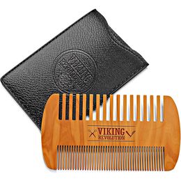 MOQ 100 Pcs Amazon Supply Hair Comb Fine & Coarse Teeth Double Sides Wood with PU Case Custom LOGO Wooden Dual Action Beard Combs