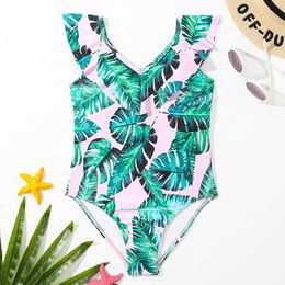 Women's Swimwear Tropical Leaf Print Girls Swimsuit Kids 7-14Y One Piece Children's Ruffle V Neck Bathing Suit Monokini Beachwear 2022Wo