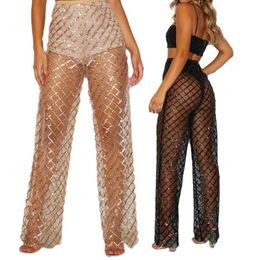 Women's Pants & Capris 2022 Fashion Womens See Through Sheer Mesh Wide Leg High Waist Beach Cover Up Club Sexy Long