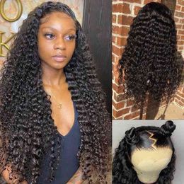 13x4 Lace Frontal Wig Transparent 30 Inch Deep Curly Black Human Hair Prepluck 220608