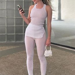 Kliou Solid Knitted Two Piece Set Women See Through Skinny Casual Top+Pant Matching Outfits Active Sexy Streetwear Clothing 220421