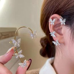 Clip-on & Screw Back Shiny Rhinestone Crystal Butterfly Ear Bone Clip Earrings For Women Fashion Gold Plated Metal Fake Piercing JewelryClip