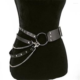 Belts Fashion Women Gothic Punk Waist Belt Chain Metal Circle Ring Design Silver Pin Buckle Leather Black Waistband Jeans BeltsBelts Smal22