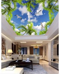 Custom any size silk photo mural wallpaper coconut tree blue sky white cloud seagull for living room bedroom Zenith ceiling mural