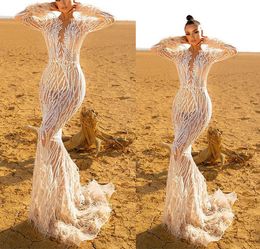 Sparkling Mermaid Prom Dresses Sexy V Neck Long Sleeves Feather Sequins Appliques Beads Lace Sexy Hollow Floor Length Plus Size Formal Party Gowns Custom Made