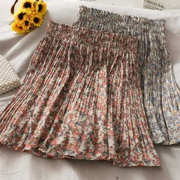 Retro Flower Bud Pleated Floral A-line Short Skirt Female Summer Print High Waist Anti- Skirt Fairy 210709