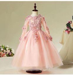 Girl's Dresses KICCOLY 2022 Elegant Girl Pink Lace Sleeve Dress Child First Communion Baby Formal Wedding Flower Gown