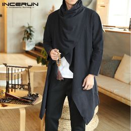 INCERUN Men Retro Jackets Coat Solid Scarf Collar Casual Irregular Trench Long Sleeve Cloak Cotton Stylish Mens Windbreaker 220727