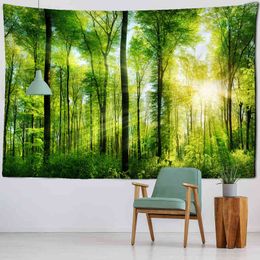 Tapestry Sunshine Green Forest Carpet Wall Hanging Boho Landscape Art Aesthetic