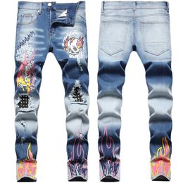 Jeans Men Slim Fit High Quality Printed Ripped Straight Biker Denim Pants Big Size Motocycle Men's Hip Hop Trousers For Male