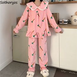 Winter Long Sleeve Printed Pyjama Sets Women Coral Fleece Cute Edges Ruffles Kawaii Sweet Nightwear Thicker Pyjamas 2 Piece Fashion L220803