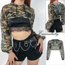 Women's T-Shirt Summer Autumn Fashion Women's Perspective See Through Sexy Long Sleeve Camouflage Hoodies Crop TeeWomen's