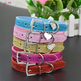 20 Pieces Lot Fashion Bling PU Leather Dog Collar with Heart Crystal Pendant Puppy Pet Necklace LJ201112