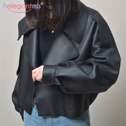 Aelegantmis Black Short Loose Pu Leather Jacket Autumn Winter Soft Faux Leather Jacket Street Casual Outwear Ladies Biker Jacket 201214