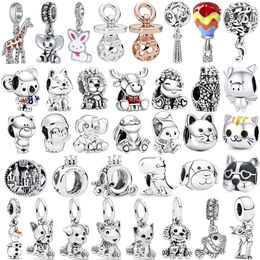925 Sterling Silver Dangle Charm 1Pcs Fashion Cute Animal Balloon Musical Note Crown Rainbow Wineglass Bead Fit Pandora Charms Bracelet DIY Jewellery Accessories