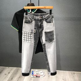 Men's Jeans Patch Stitching Men Black Grey Fashion Slim Elastic Pocket Design Denim Trousers Male Streetwear Hip HopMen's