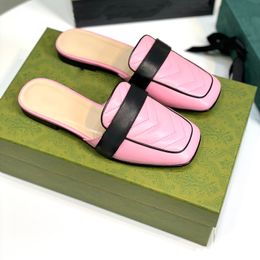 womens flat slippers designer Colour blocking classic buckle sandals Comfortable leisure shoe superior top quality Genuine Leather Square head slipper