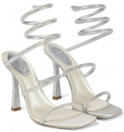 RENE CAOVILLA 10cm stiletto High heel Sandals CRYSTAL Karung Beige Snakelike twining rhinestone sandals women summer Top quality thick heels shoes largest 43