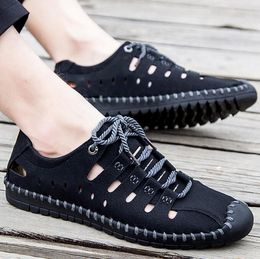 Handmade Retro Leather Men Casual Shoes Mens Loafers Breathable Summer Black Driving Shoes Men Outdoor Beach Sandals Size 38-48