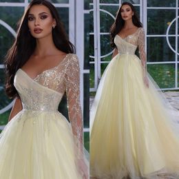 Light Yellow Tulle Prom Dresses Appliqued Beading One Shoulder Long Sleeve Evening Dress Formal Photo Shoot Dress