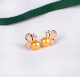 14k Gold Plating zircon Pink Butterfly Ear Studs natural Freshwater pearl Earrings white Lady/girl Fashion wedding Jewellery