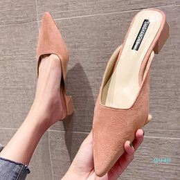 Slippers Summer Elegant Women Green Low Heels Mules Pointed Toe Block High Flock Slides Brand Suede Flip Flops Shoes