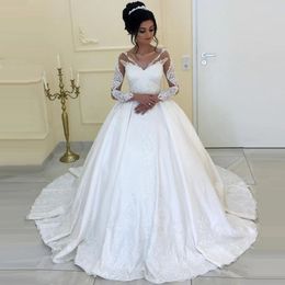 V-Neck Ball Gown Wedding Dresses Long Appliqued Sleeves Sequins Lace Bridal Gowns Custom Made Abiti Da Sposa