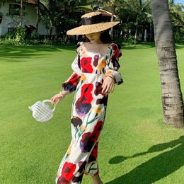 Puff Sleeve Elegant Midi Dresses Square Neck Split Floral Dress Straight High Waist Vintage Chic Woman Plus Size 2022 Casual