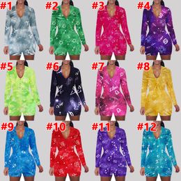 Designer Twelve Constellations Bodysuit Womens Jumpsuits Printed Long Sleeve Pyjamas Deep V Nightclub Tights Rompers