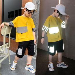 Clothing Sets Boys Clothes Summer Outfits Teenage Casual Reflective Suit Children Short Sleeve Shirt Shorts Set 4 - 12 YearClothing