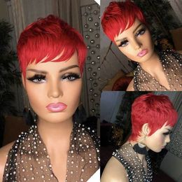 Red Color Brazilian Human Hair Short Pixie Cut Bob Wigs with Bangs Natural Color for Black Women Full Machine Made