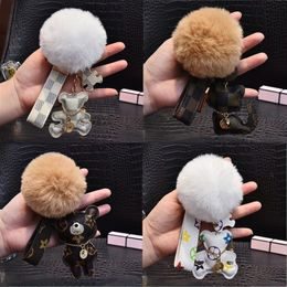 Animal Keyrings Holder Cat Teddy Bear Pompom Pendant Key Chain Ring Fashion PU Leather Car Keychain Buckles Bag Charm Gift Jewellery Accessory