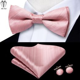 Hi-tie Silk Pink Striped Mens Bowtie Jacquard Adult Bow Tie Hankerchief Cufflinks Set Pre-tied Butterfly Bowknot Wedding Party