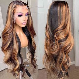 Nxy Hair Wigs Highlight Human Hd Brazilian Ombre 30 Inch Honey Blonde Body Wave Pre Plucked Coloured for Women 220609