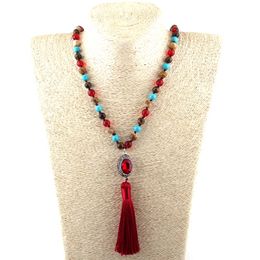 Pendant Necklaces Fashion Bohemian Tribal Jewellery Semi Precious Stones Long Knotted Stone Handmake Paved Crystal Tassel NecklacesPendant