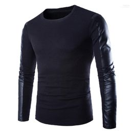 Men's Sweaters High Quality Brands Autumn Winter Sweater Man O-Neck Jumpers Long Sleeve PU Leather Patchwork Pullover Male Puls S Olga22