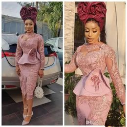 Blush Pink Tea-length Prom Cocktail Dresses with Long Sleeve 2022 Aso Ebi Lace Applique Ruffles Peplum African Evening Occasion Gown BES121