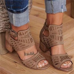 Vintage Hollow Out Sandals Mid Heel Summer Slipon Buckle Ladies Shoes Artificial Open Toe Casual Wedding Pump Sandalias 220610