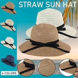 Bucket Hat Summer Women's Boater Beach Wide Side Female Casual Lady Classic Flat Bowknot Straw Sun Women Brim Hats Elob22
