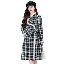 Women's Wool & Blends Autumn Winter Woolen Coat Fashion Plaid Stitching Mink Hair Long Ladies Outerwear Slim Plus Size Female CoatWomen's