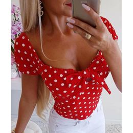 Women's T-Shirt 2022 Boho Women Polka Dot Print Short Sleeve Bow Bodycon Ruffles Low Cut V Neck Fashion Ladies Summer Casual Tops