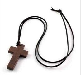 Necklace Cross Vintage Wooden Jewellery Pendant Simple Wooden Cross And Leather Rope Charm Wedding Women Necklace Sweater Chain