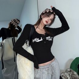 Women's T-Shirt Sexy Trendy Girl Long-sleeved Retro Letter Embroidery Pattern Bottoming Shirt Spring And Autumn Chic Top